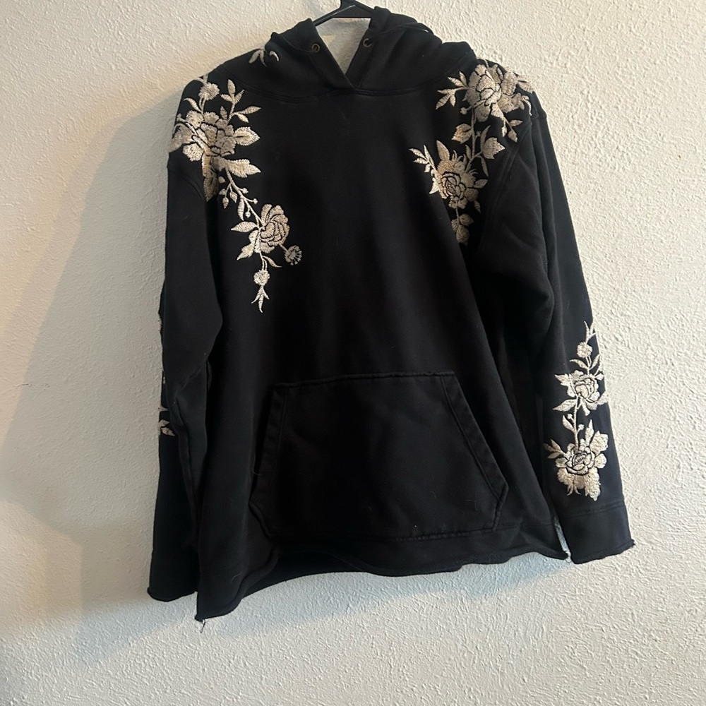Johnny Was Black Hoodie with Pink Floral Patch